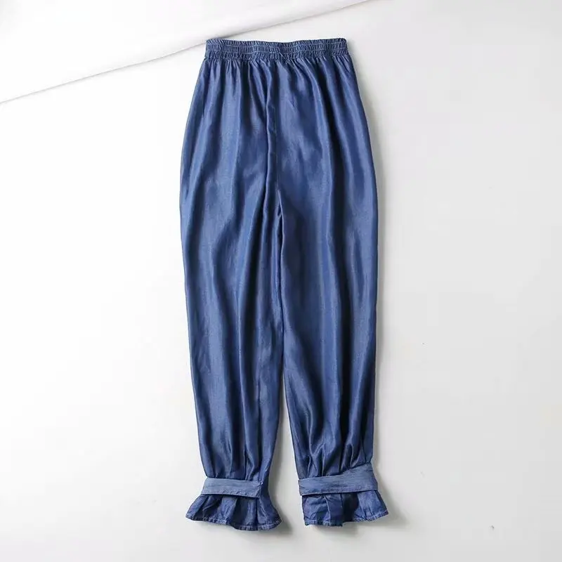 KZ497 Women Brief Elastic Waist Sashes Deco Solid Color Soft Denim Pants Culf Slim Jeans Trousers | Женская одежда