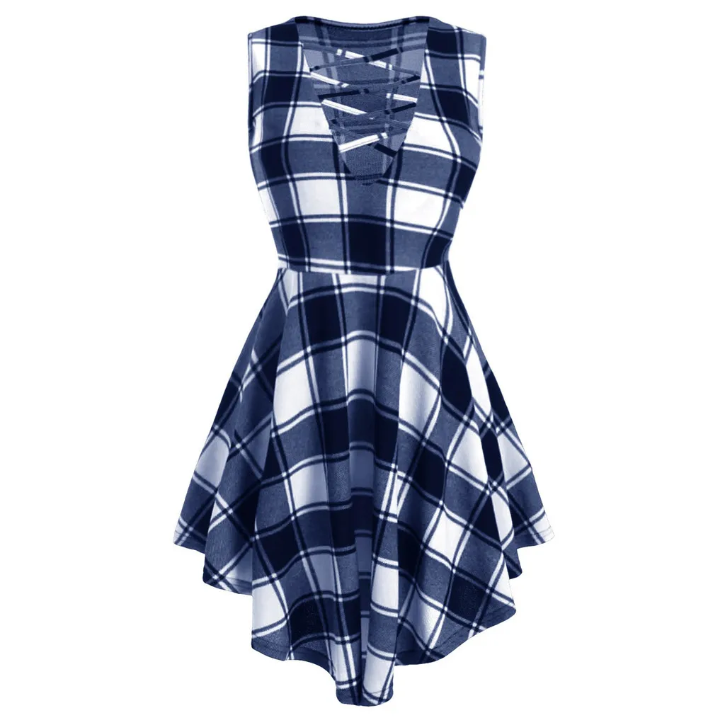 Женское клетчатое платье на бретельках свободное Повседневное большого размера