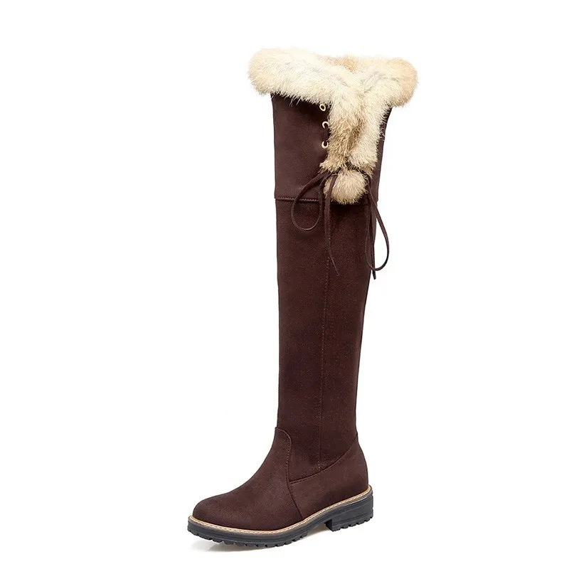 Brown Short Plush Зимние сапоги до бедра женская зимняя теплая обувь на меху на низком каблуке Женские Сапоги выше колена с перекрестными ремешками черного, коричневого, красного, серого цвета, A283 - Цвет: Brown Short Plush