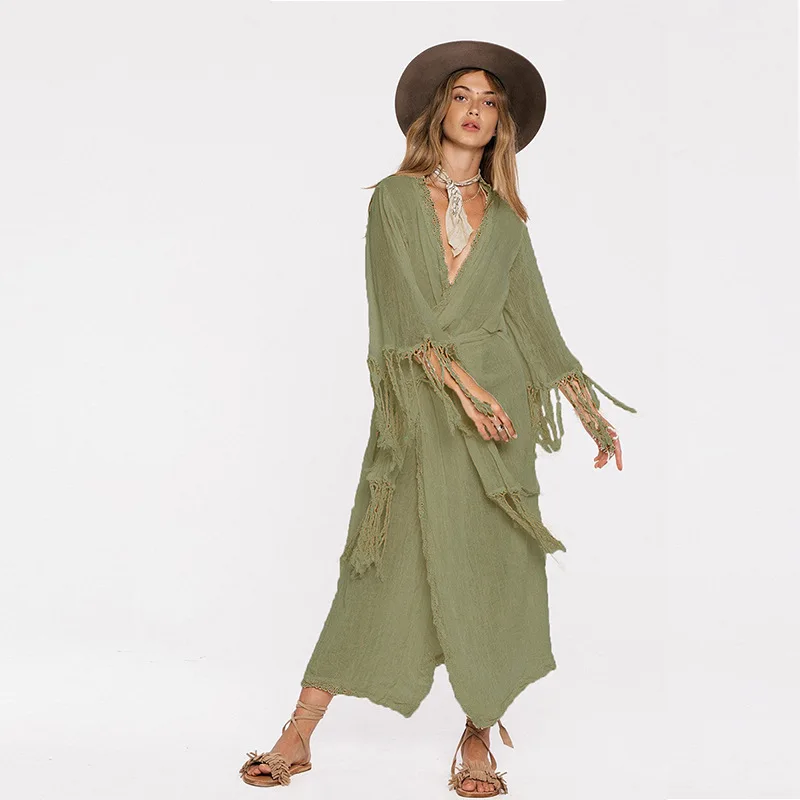 Повседневное однотонное Boho Макси женское платье с кисточками винтажные пляжные