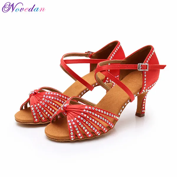 Red Low Back 7cm Пикантные Профессиональный Туфли для латинских танцев Для женщин Стразы Сальса атласные бальные сандалии женские вечерние танцевальные туфли на каблуке высотой 7 см - Цвет: Red Low Back 7cm