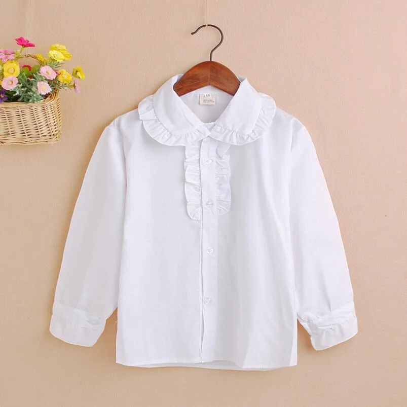 girls blouse white Коллекция года, весенне-осенняя хлопковая школьная блузка для девочек белые рубашки детская одежда с длинными рукавами для малышей и подростков детские топы, JW7609 - Цвет: girls blouse white