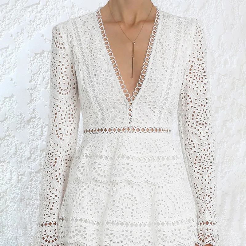 Embroidery Women's Dress Female Series V Neck Long Sleeve High Waist Hollow Out Patchwork Dresses New Clothing Vestido Elegant | Женская