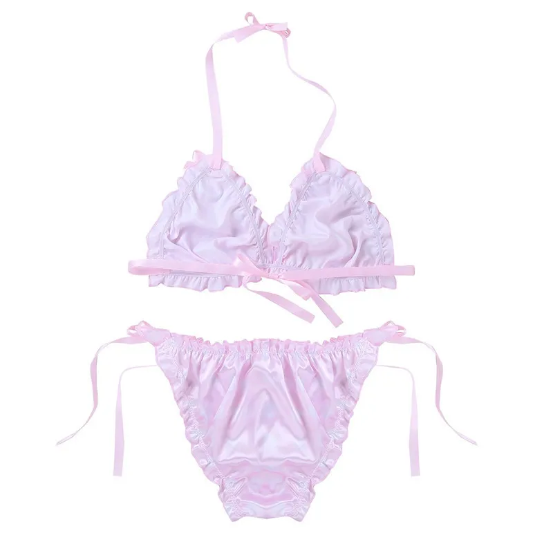 Мужской гофрированный Frilly Блестящий гладкий горошек Strappy Сисси набор белья бикини без косточек Холтер бюстгальтер топ с трусами нижнее белье