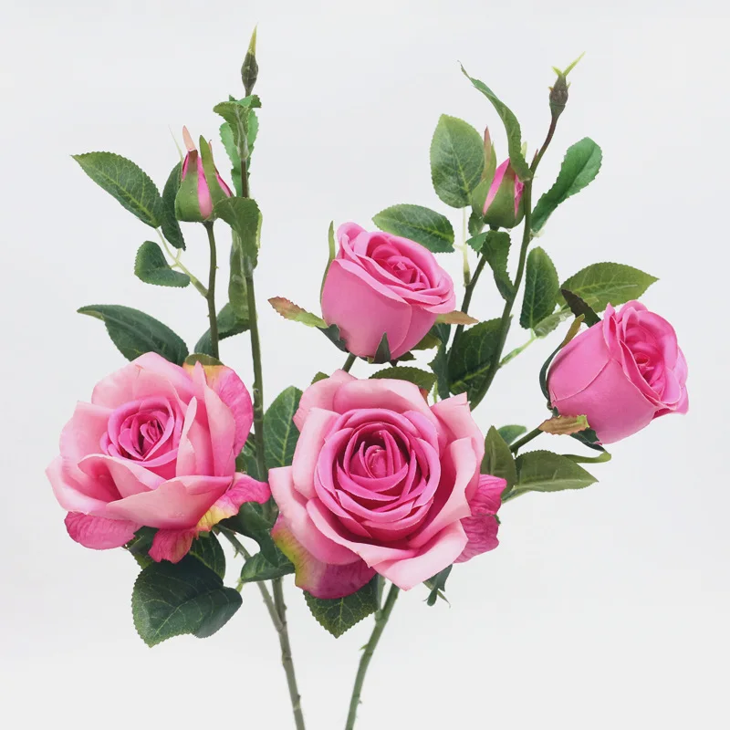 2pcs 3head deep pink JAROWN искусственные 6 голов розы Шелковые цветы искусственные цветы для свадьбы, дома, вечерние украшения стола - Цвет: 2pcs 3head deep pink
