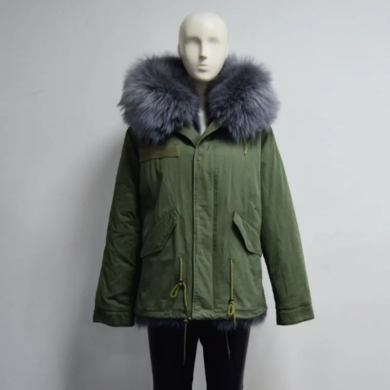 

New Fashion Grey Winter Long Hair Fox Fur Warm Jacket Raccoon Fur Collar Parka