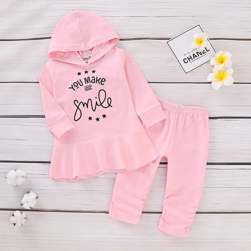 2 шт./компл. для маленьких девочек: толстовка с капюшоном + штаны буквенным принтом