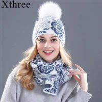 xthree winter hat scarf for women girls beanie wool knitted hat scarf set and big real mink fur pom pom