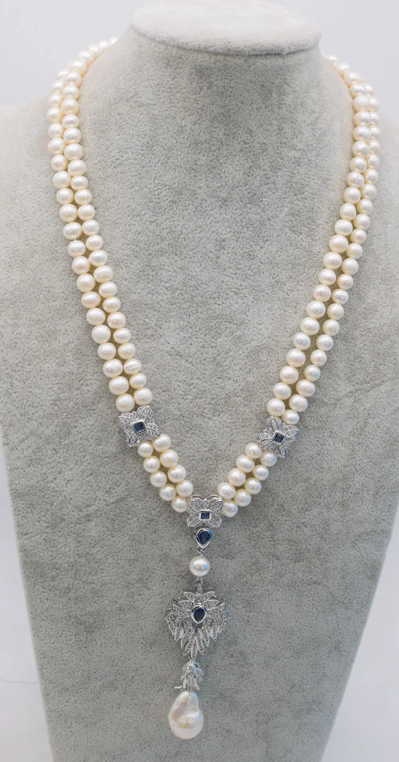 

2rows freshwater pearl white near round 7-8mm &reborn keshi pendant 19-20inch wholesale nature beads FPPj