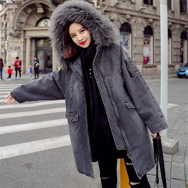 Women Denim Cotton Parkas Medium Long Hooded Fur Collar Lambswool Jacket 2021 Winter New Large Size Fashion Outwear JIA389 | Женская