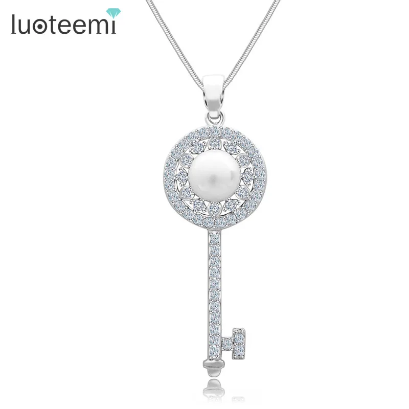 Luoteemi Мода Крошечный кубический циркон декор ключ кулон neckalce Имитация Pearl White Цвет