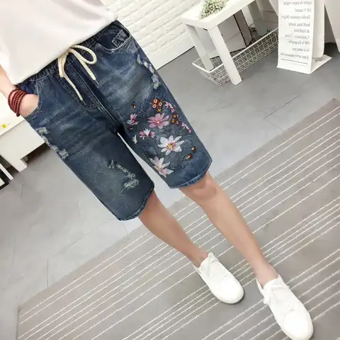 Women's Jeans Capris Summer Women Vintagw Floral Embroidery Denim Pants High Waist Pantalon Jean Mujer Short Jeans Woman