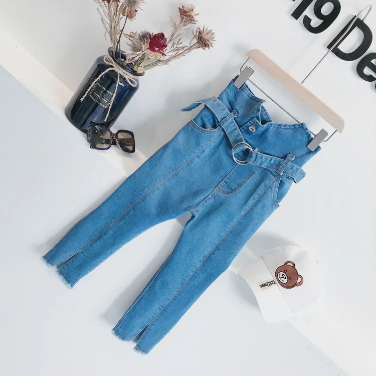 

Baby Girls Denim Pants Spring Girls Cotton Jeans Pants Children Split Fork High Waist Jeans Trousers Kids Denim Jeans With Belt