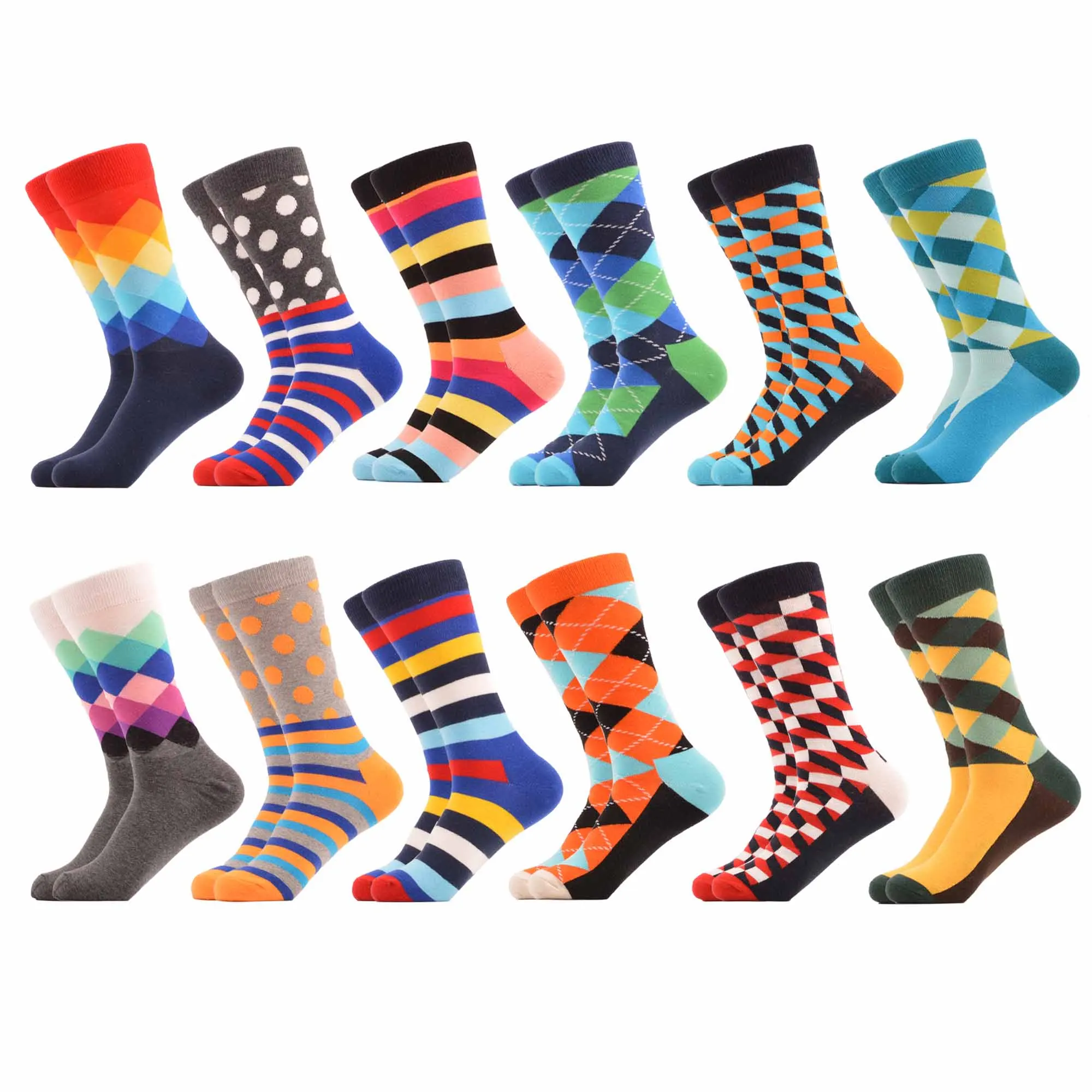 06284 (12 pairs) SANZETTI Men's Colorful Combed Cotton Happy Novelty Socks Hip Hop High Quality Skateboard Plaid Geometric Funny Socks For Gifts - Цвет: 06284 (12 pairs)
