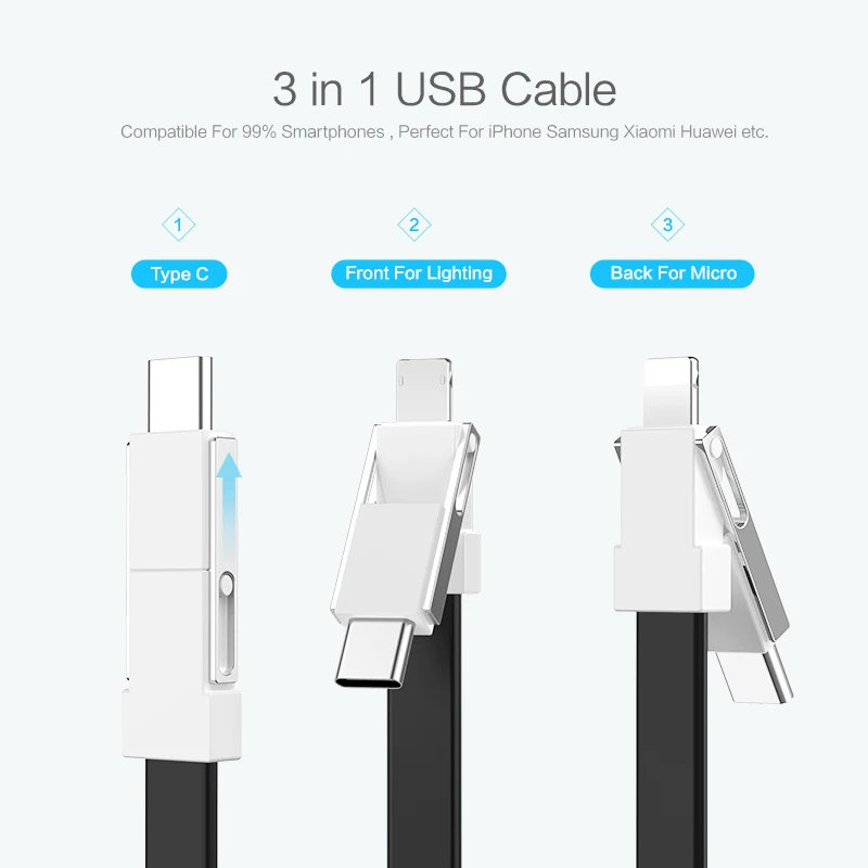 FLOVEME 3 в 1 Мини брелок USB кабель Micro Type C для iPhone iPod быстрое зарядное устройство