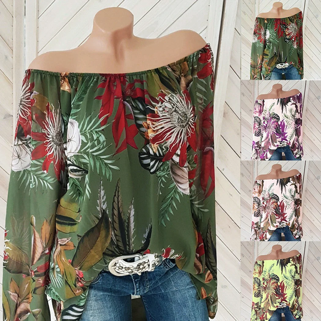 Женские топы и блузки сексуальная туника с цветочным принтом открытыми плечами