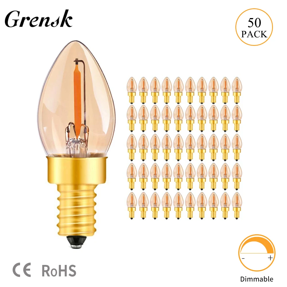 

Grensk Amber Glow C7 0.5W E14 Edison Dimmable LED Filament Night Bulb Ultra Warm White 2200K Candelabra Lamp E12 220V 50pcs/lot