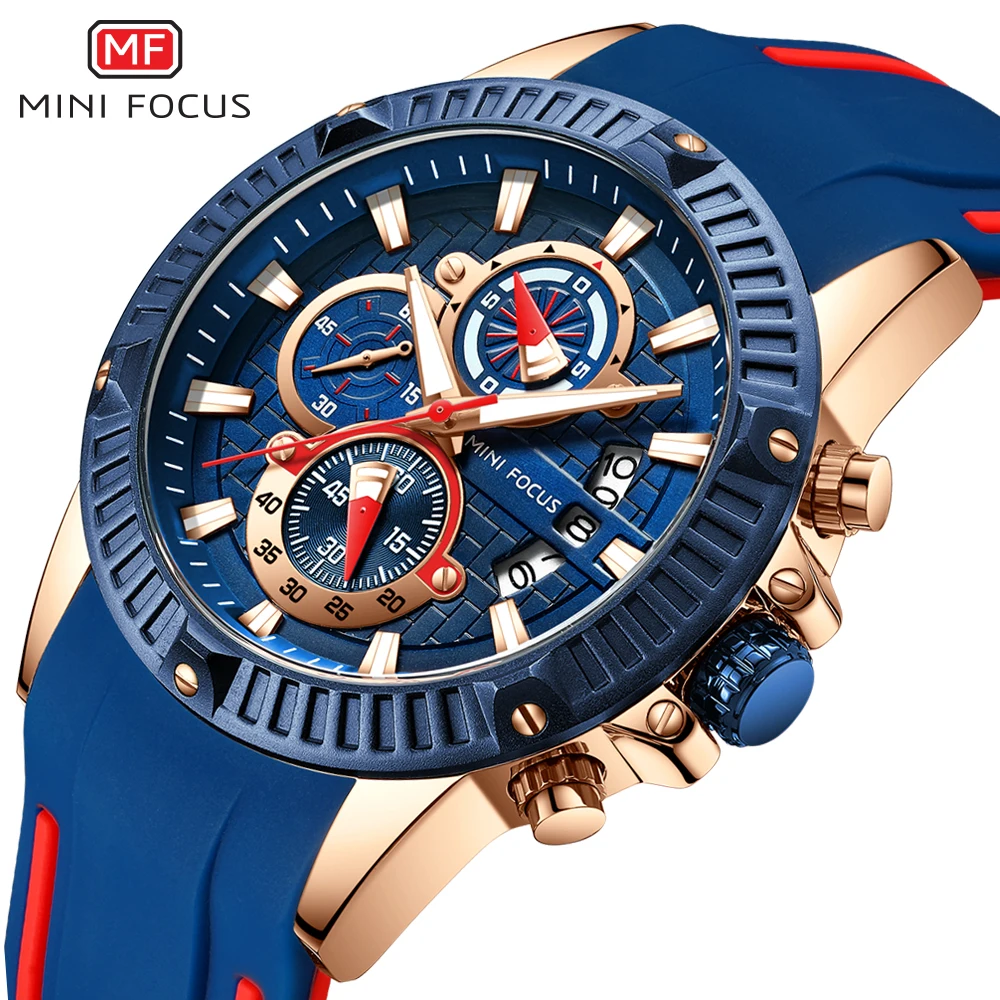 

MINI FOCUS 2019 Fashion Quartz Watch Men Rubber Strap Blue 3 Dials 6 Hands Calendar Multifunction Sports Waterproof Wristwatches