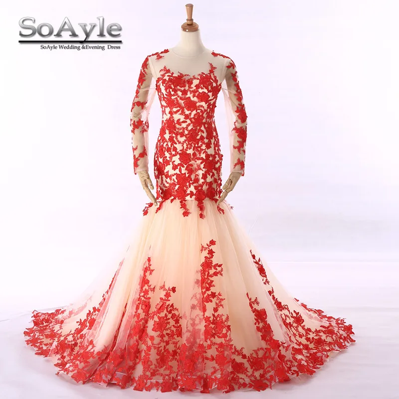 Женское свадебное платье с кружевной аппликацией SoAyle Длинное Красное Прозрачное