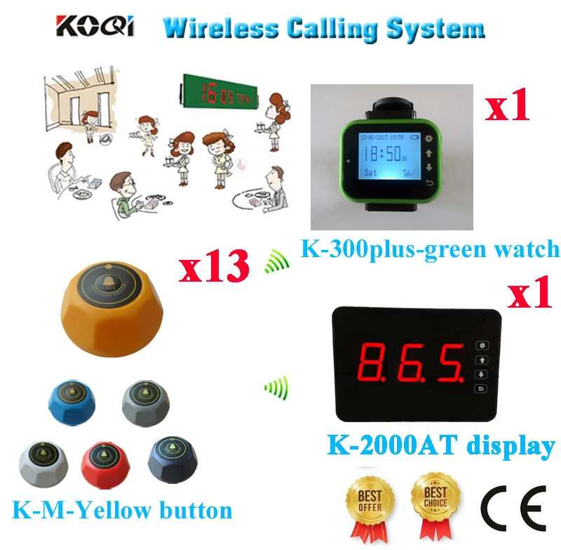 Wireless Service Waiter Call System Top Quality Reasonable Price For Restaurant 433.92MHZ(1 display+1 watch+13 call button)