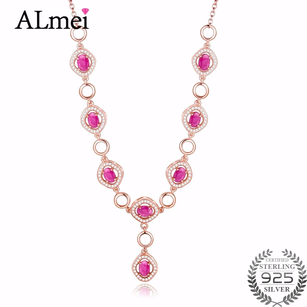 

Женское Ожерелье с красным Рубином Almei, 8 шт., подарок из серебра 925 пробы с цепочкой из розового золота, бесплатная коробка, 40% FN025