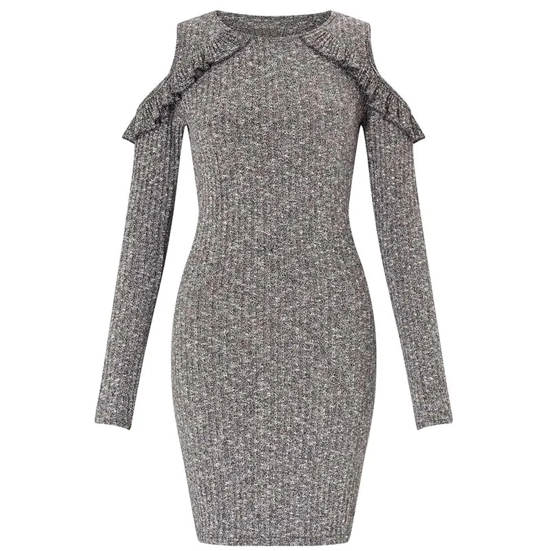 Asmax одежда однотонная серая вязаное платье тонкий Высокая Талия Cold Shoulder Dress Crew