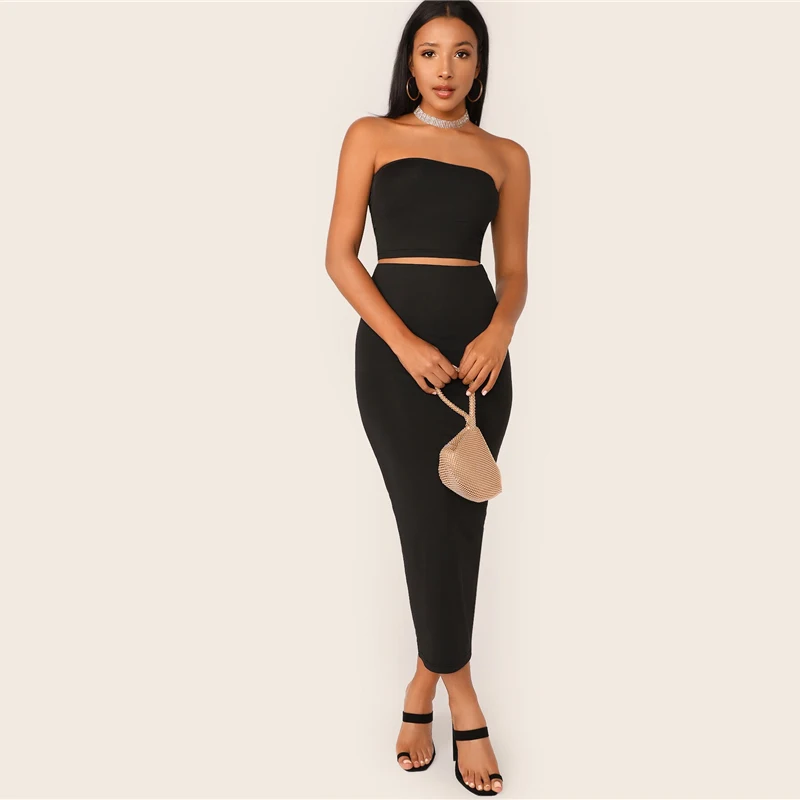SHEIN/черный однотонный укороченный топ и длинная юбка-карандаш, комплект из двух предметов, приталенная Женский комплект 2 шт., Летний Эластичный обтягивающий комплект из двух предметов в стиле бохо