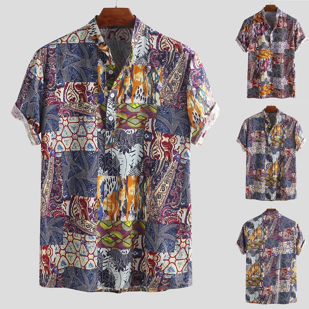 Мужская винтажная Свободная рубашка с отложным воротником и коротким рукавом Neu