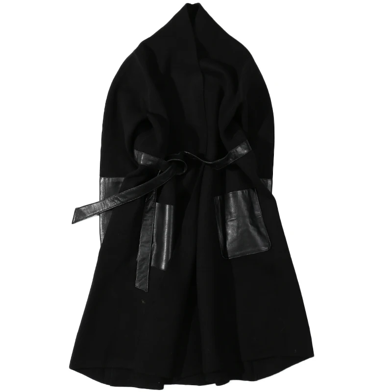 2019 Women Leather Trench Coat Autumn Long Black Lady Knitting Clothes Belt Overcoat Plus Size | Женская одежда