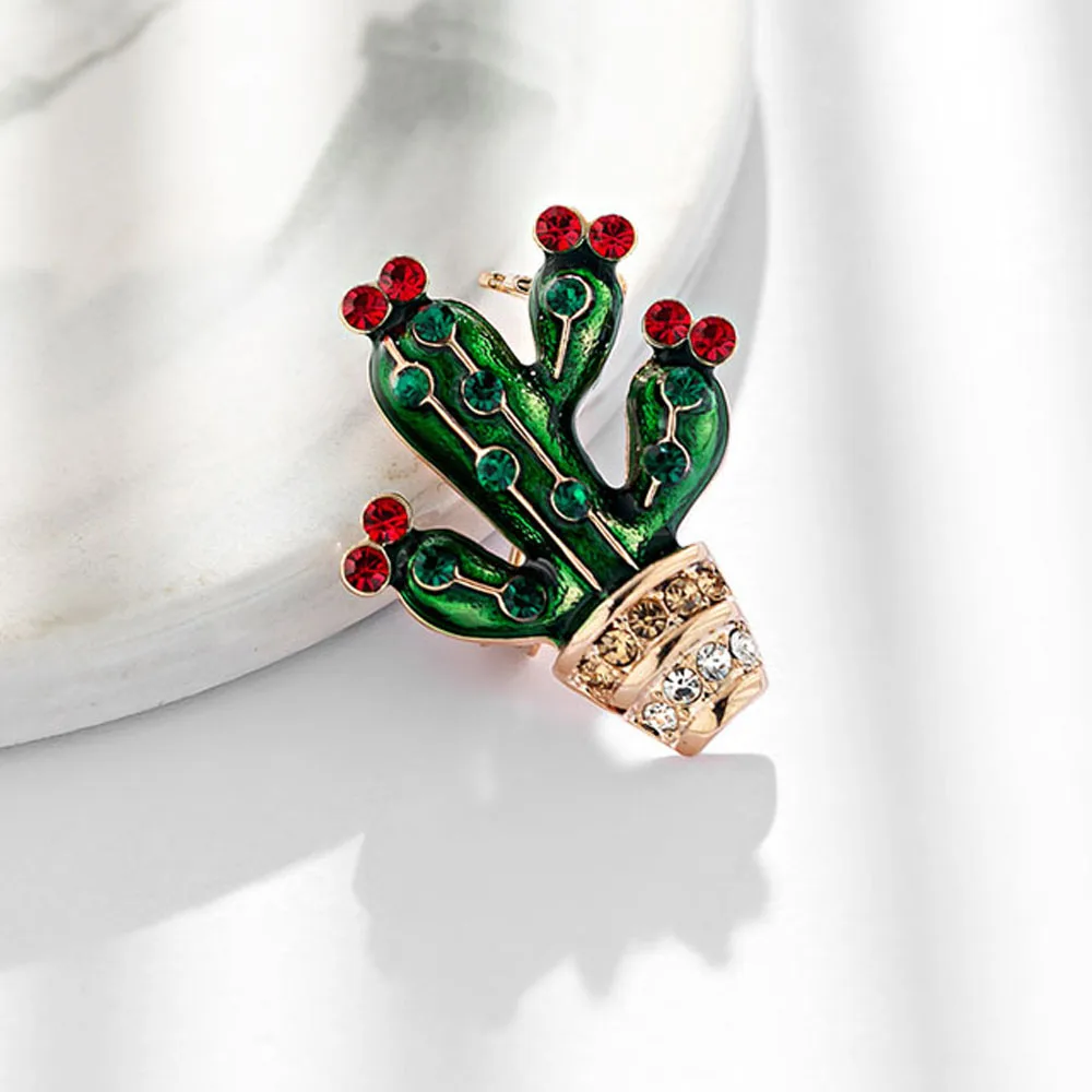 Leaf Cactus Style Brooch Women Elegant Pin Crystal Rhinestone Jewelry Green Plant Classic Accessories Simple Gift | Украшения и