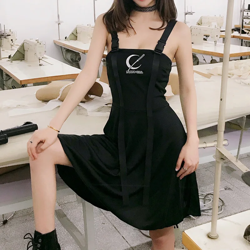 Summer Women Black Dress Vintage Sexy Punk Sleeveless Dark Gothic Backless Embroidery Moon Dresses for Girl | Женская одежда
