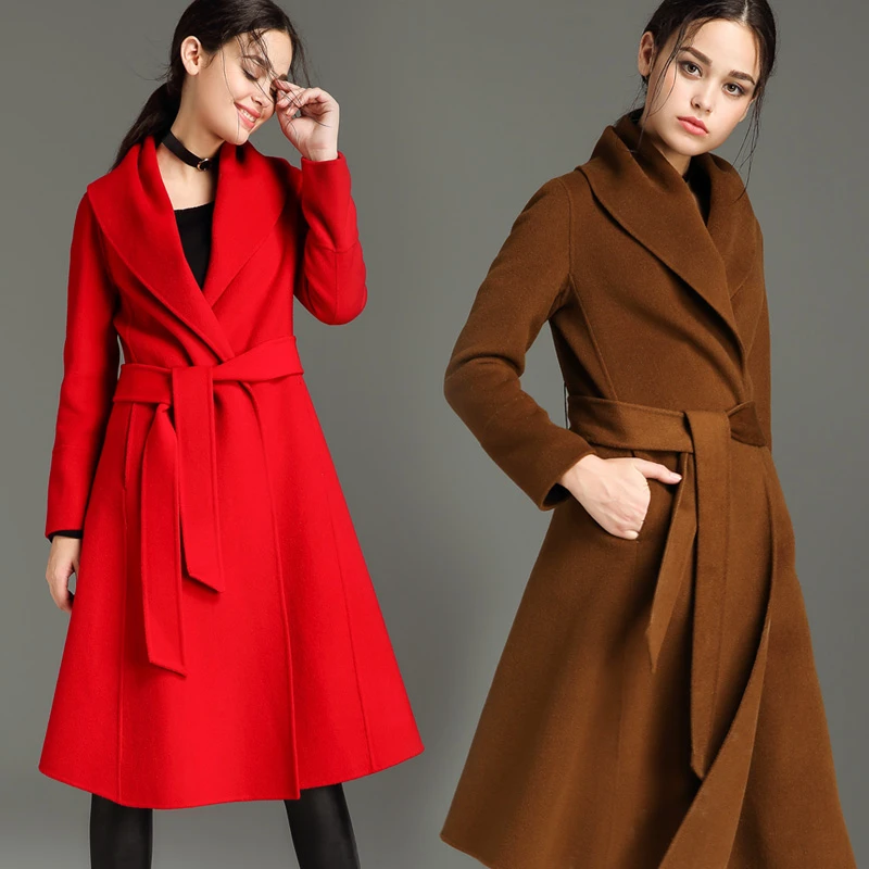 

double sided 100%wool fabrics women's fashion mid long overcoat loose wide-waist high quality M/L/XL/2XL