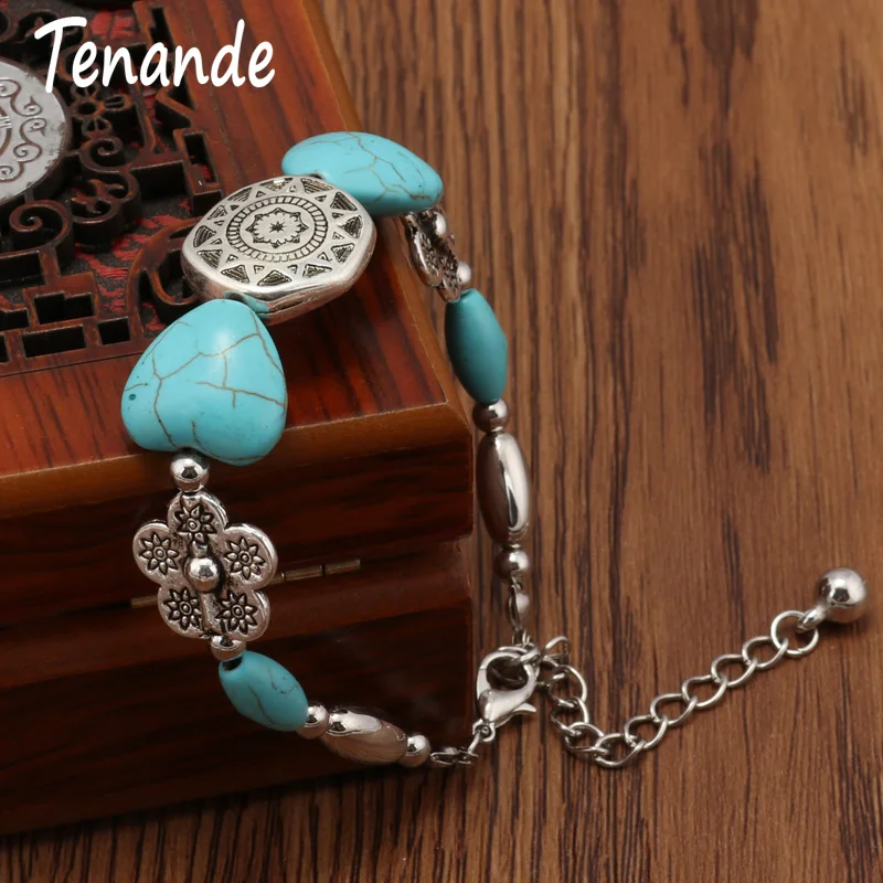 

Tenande Enthic Tibet Silver Color Natural Stone Hearts Beads Bracelets Sun Coin Flowers Bracelets & Bangles for Women Boho