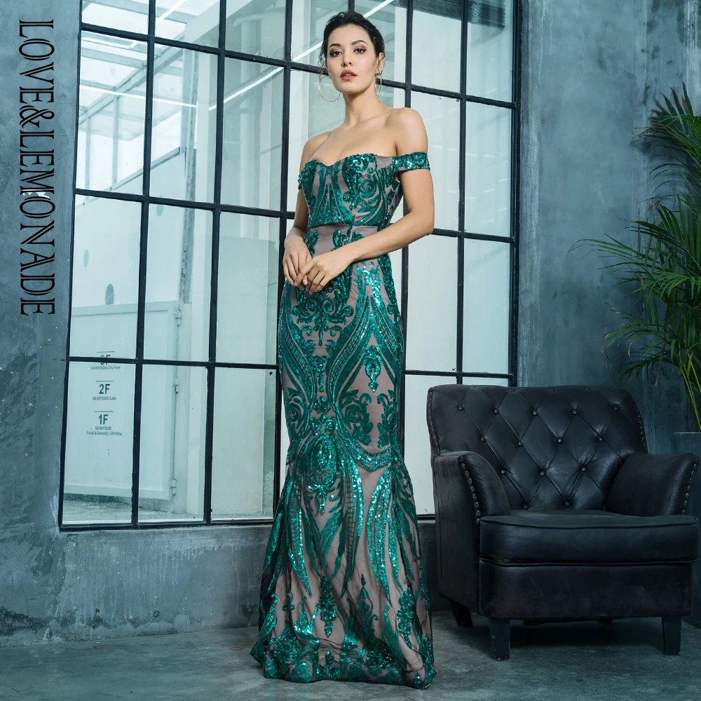 Love& Lemonade с открытыми плечами геометрические Блестки Bodycon длинное платье LM81343GREEN