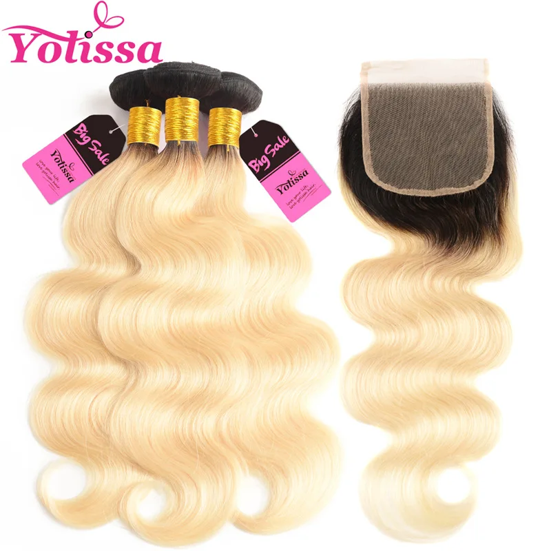 Yolissa волос T1b/613 Ombre блондинка Комплект s с закрытием Волосы remy 10 24 Inch темные корни