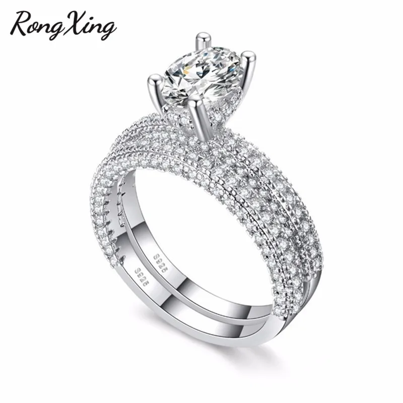 RongXing Овальный/круглый белый циркон обручальное кольцо Набор 925 серебро/однотонный цвет розовое золото свадебное фианитовое кольцо для женщин Свадебные украшения