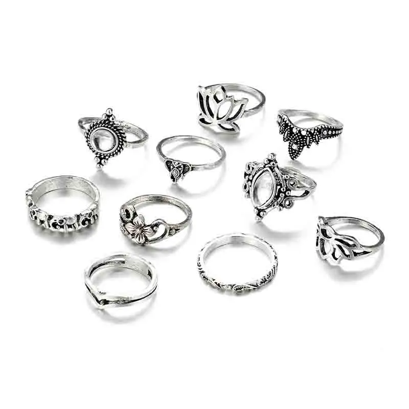 Tibetan Carved Punk 10PCS/Set Rings Vintage Boho Style Flower For Women Jewelry Daily Life Party Midi Hands Accessories | Украшения и