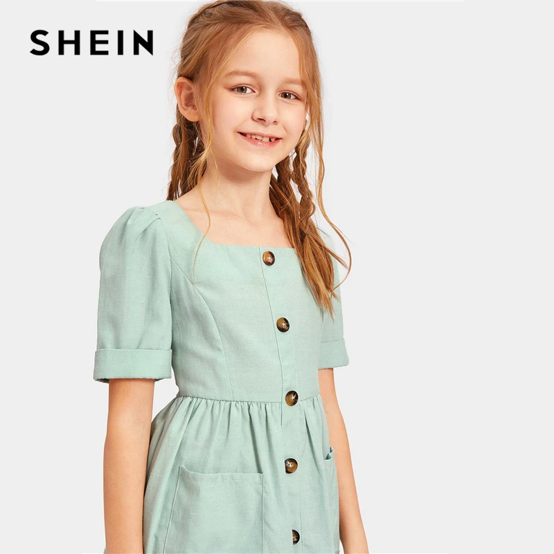 SHEIN Kiddie/красное однотонное расклешенное платье с оборками, трапециевидной формы, с поясом, летнее праздничное платье, рукав-волан, с пуговицами на спине, платья-миди для девочек