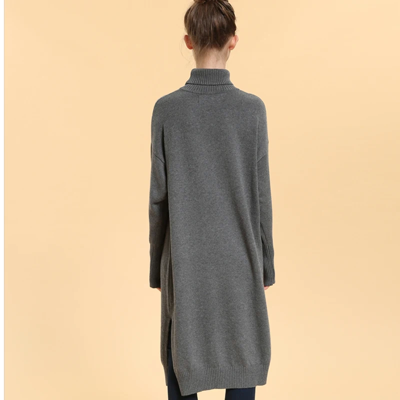 Spring New Turtleneck Women Knitted Dresses Ladies Long Pullovers Autumn Embroidery Gray Split Hem Thumb Hole Loose | Женская одежда