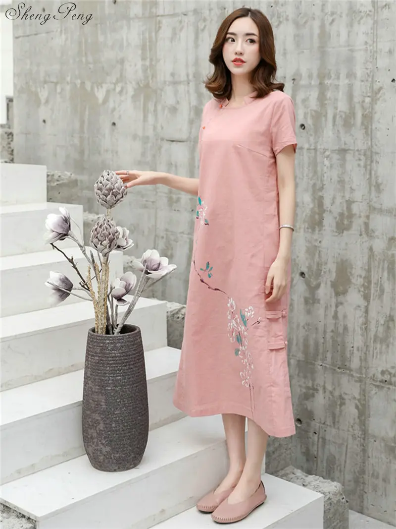 2018 Новый льняное платье аозай старинные этнические aodai полный рукав qipao для