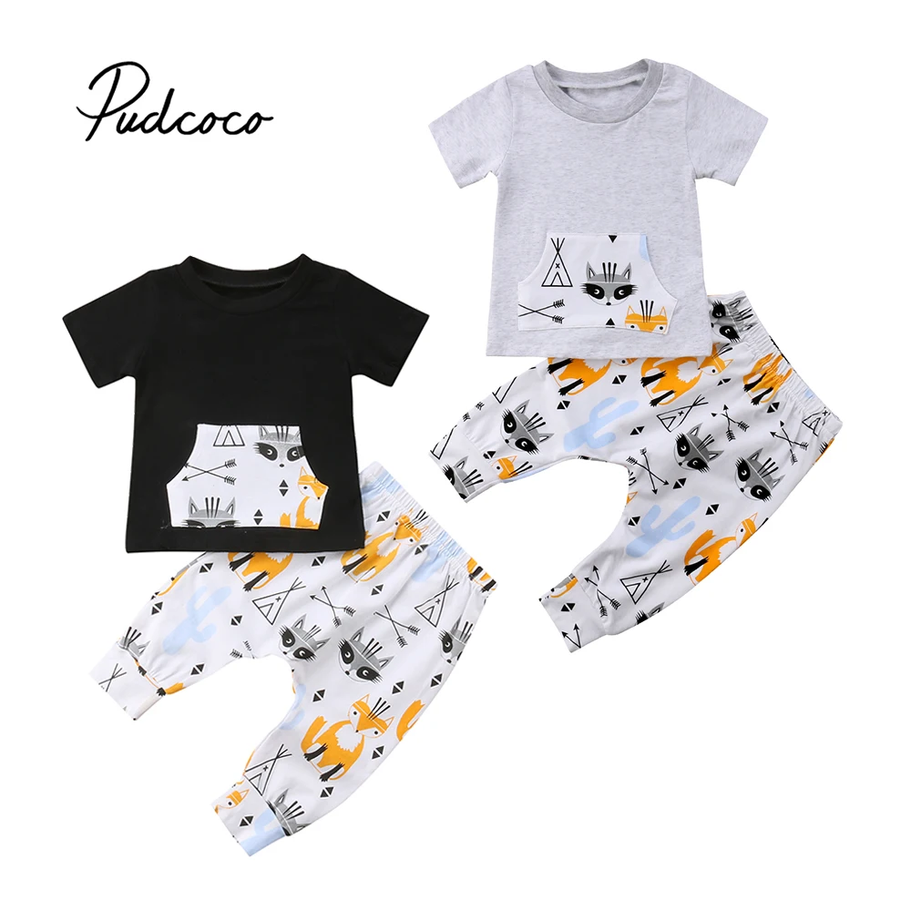 Pudcoco 2018 Kids Toddler Baby Boy Girl Clothes Sets Short Sleeve T-shirt Tops + Cartoon Print Pants 2Pcs Outfits Set | Детская одежда