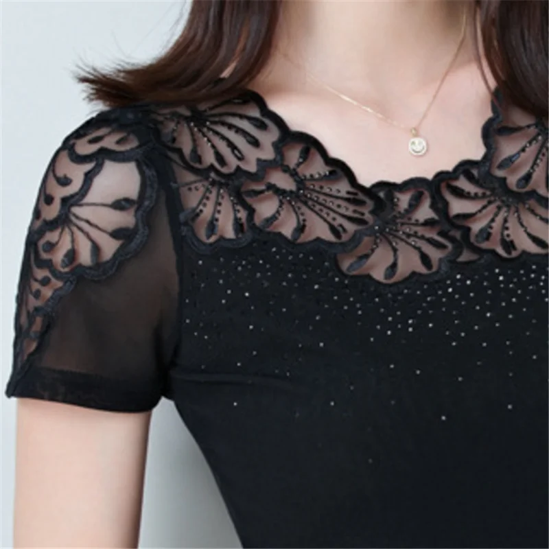 XXXXL сетки вышитые кружева алмаз Camisetas Mujer 2018 летняя футболка Для женщин с горный