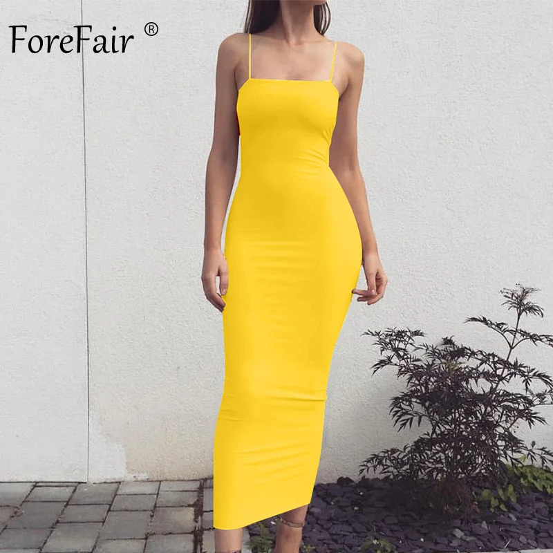 Forefair, сексуальное облегающее макси платье, женское, на тонких бретельках, одноцветное, узкое, с открытыми плечами, белое, оранжевое, желтое, летнее, праздничное платье - Цвет: Yellow Dress
