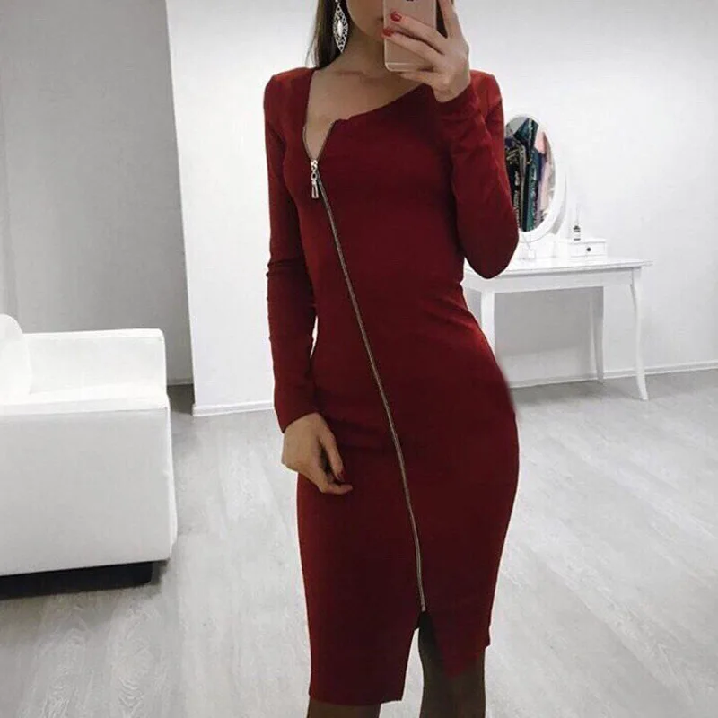 Женское платье с длинным рукавом на молнии спереди до колена | Женская одежда