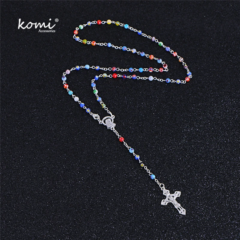 Коми 2018 новая стеклянная цветная бусина серебряный крест кулон ожерелье Женщины