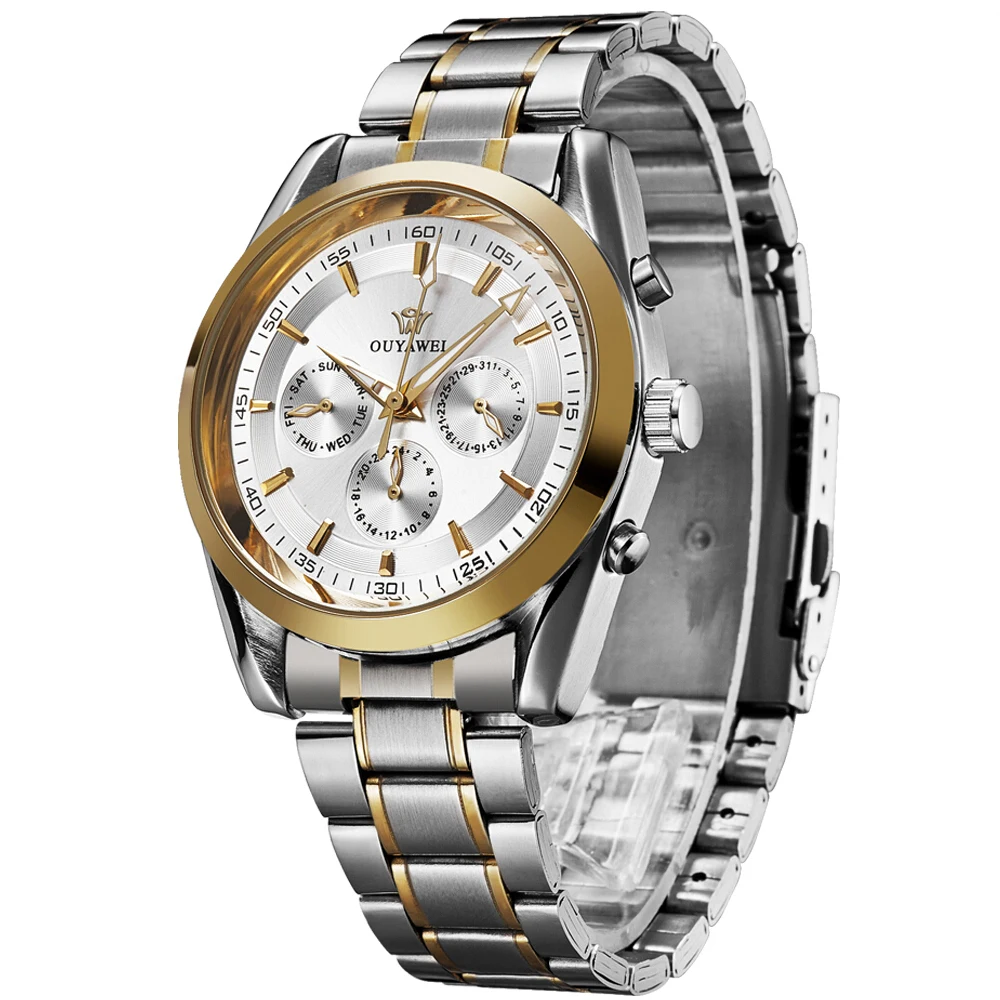 OUYAWEI Серебряный Циферблат Дата День Автоматическая Мужские Механические С