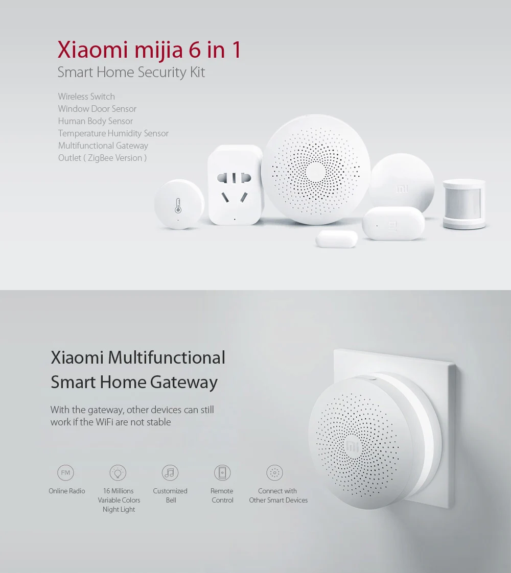 Xiaomi умный дом Mijia 6 в 1 комплект шлюз, Окно двери, тело человека, беспроводной переключатель, гнездо zigbee, датчик температуры и влажности