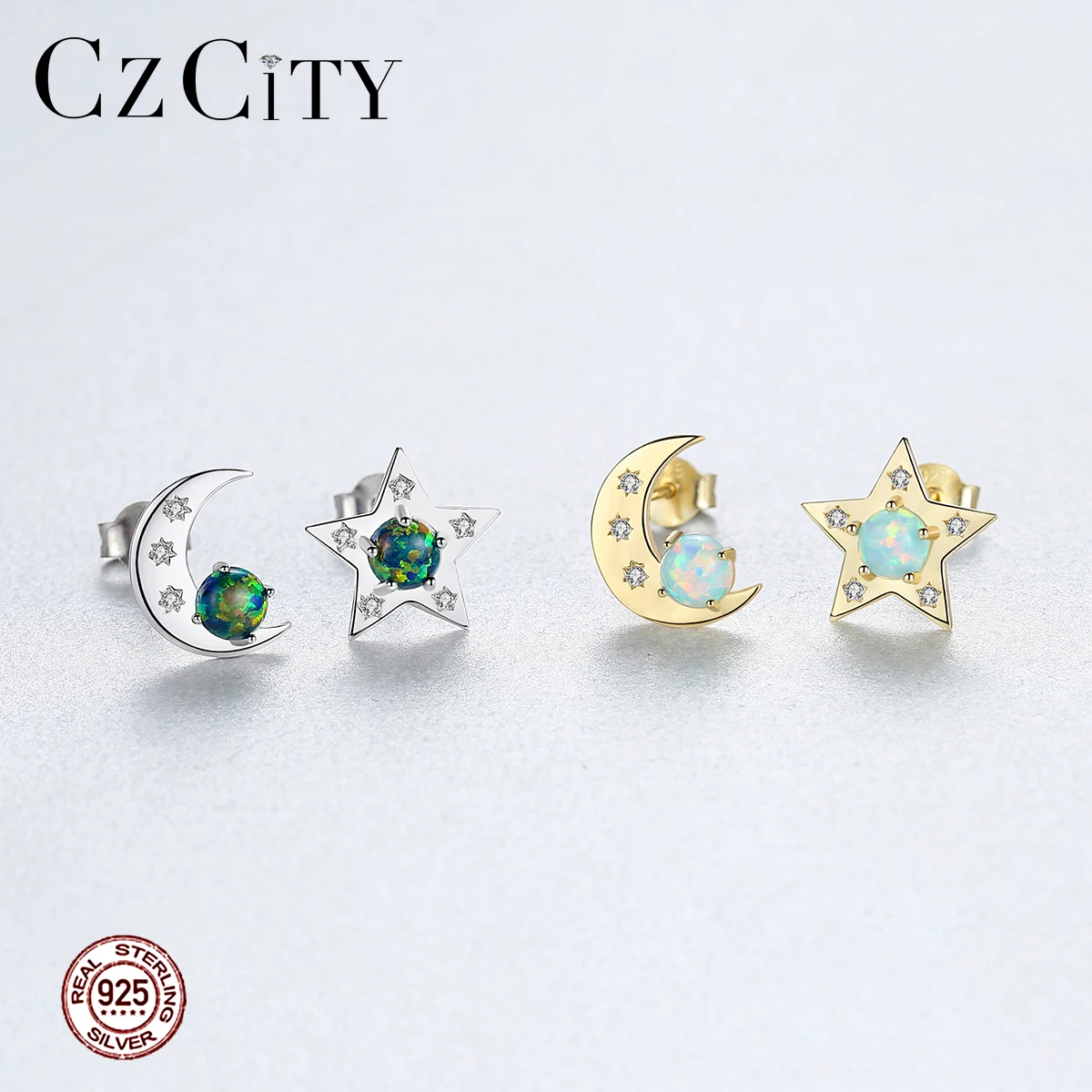 CZCITY серьги-гвоздики в форме звезды и Луны с огненным опалом для женщин, 925 пробы серебряные ювелирные изделия Joyeria Fina Para Mujer Brincos SE0420