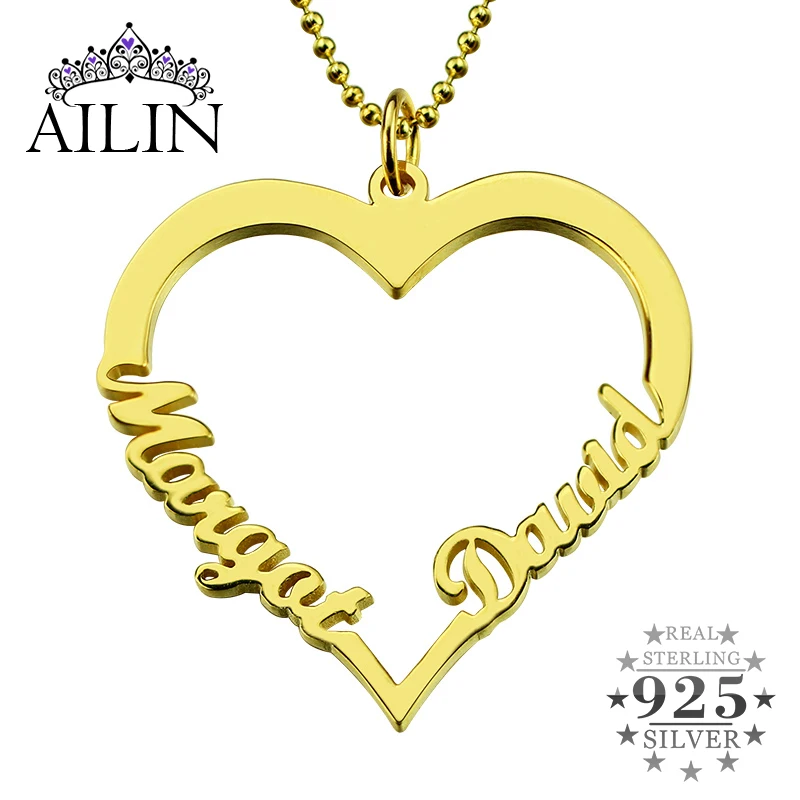 

AILIN Gold Color Customized Heart Name Necklace Couples Heart Pendant with 2 Names Love Necklace Valentine's Day Gift for Her