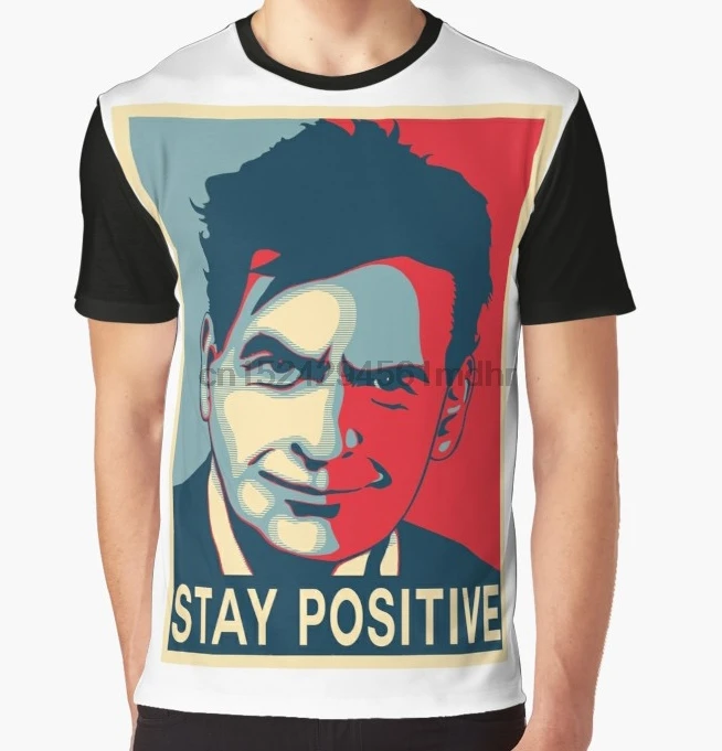 Мужская футболка с принтом Charlie Sheen stay positive коротким рукавом и круглым вырезом